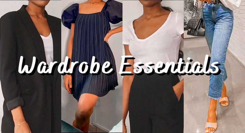 Wardrobe essentials graphic displaying folded clothing pieces that make up a versatile capsule collection