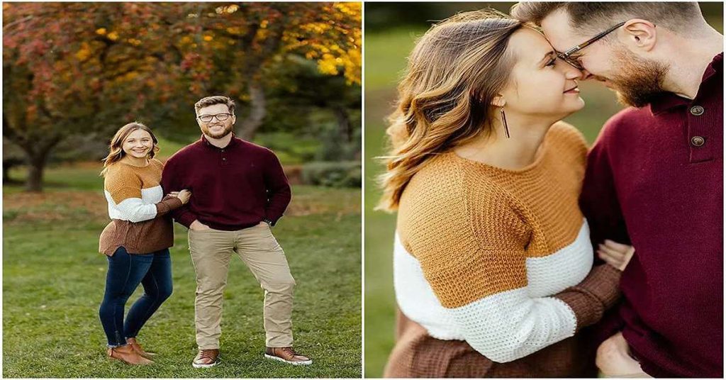 Couple in relaxed casual engagement photo outfits spring styling