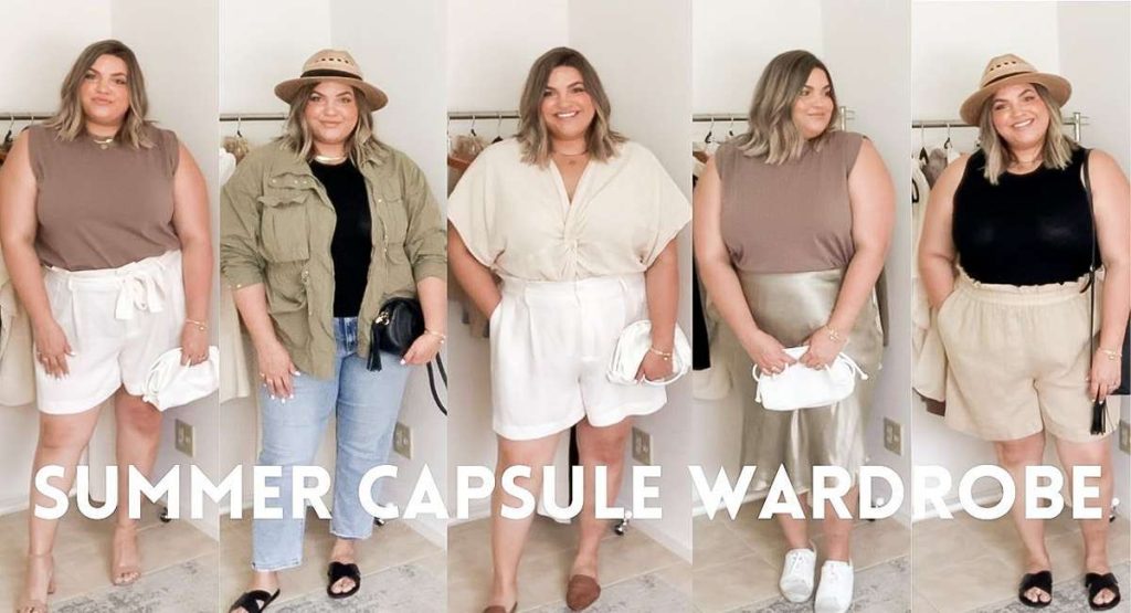Three women in neutral summer outfits with hats and light layers, styled from a summer capsule wardrobe