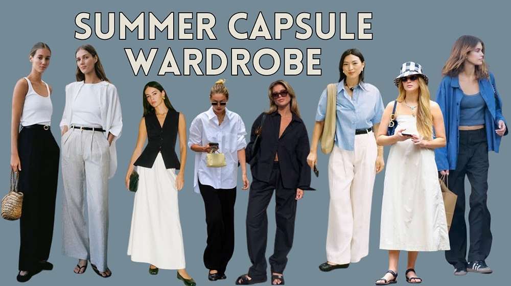 Soft summer capsule wardrobe pieces laid out for outfit planning