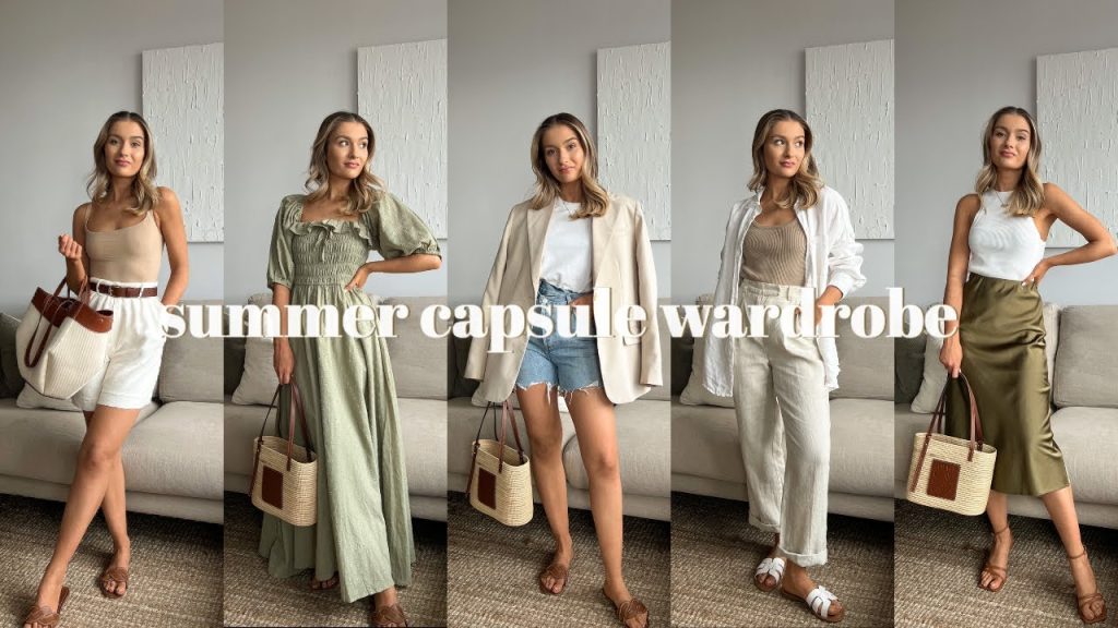 Plus-size year-round capsule wardrobe laid flat with summer and winter pieces