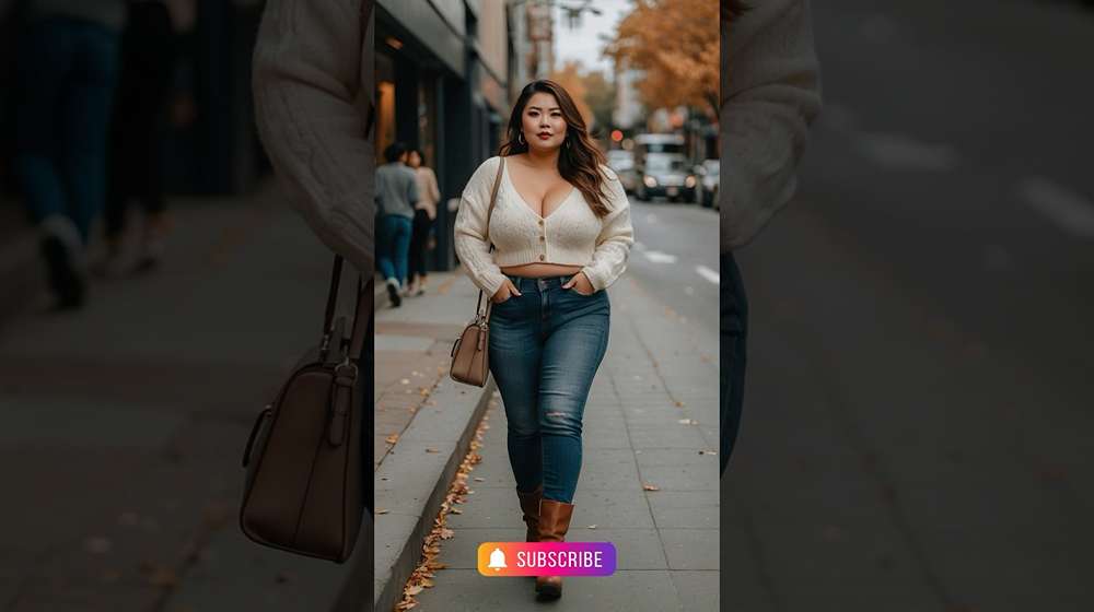 Plus size woman in a white top, jeans and crossbody bag, a casual capsule outfit