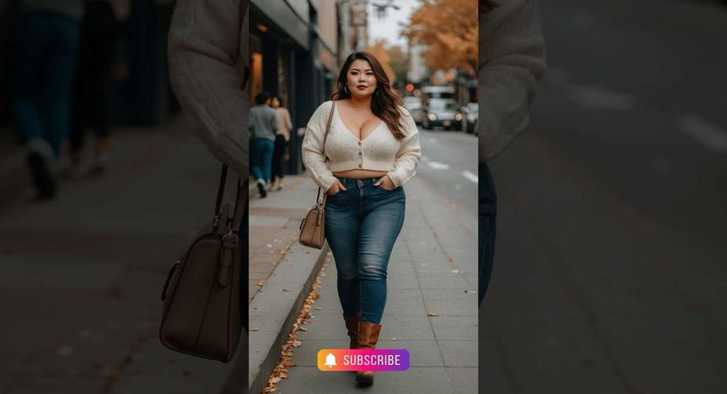 Plus size woman walking in a city wearing a white top, jeans, and a crossbody bag, a casual capsule wardrobe outfit