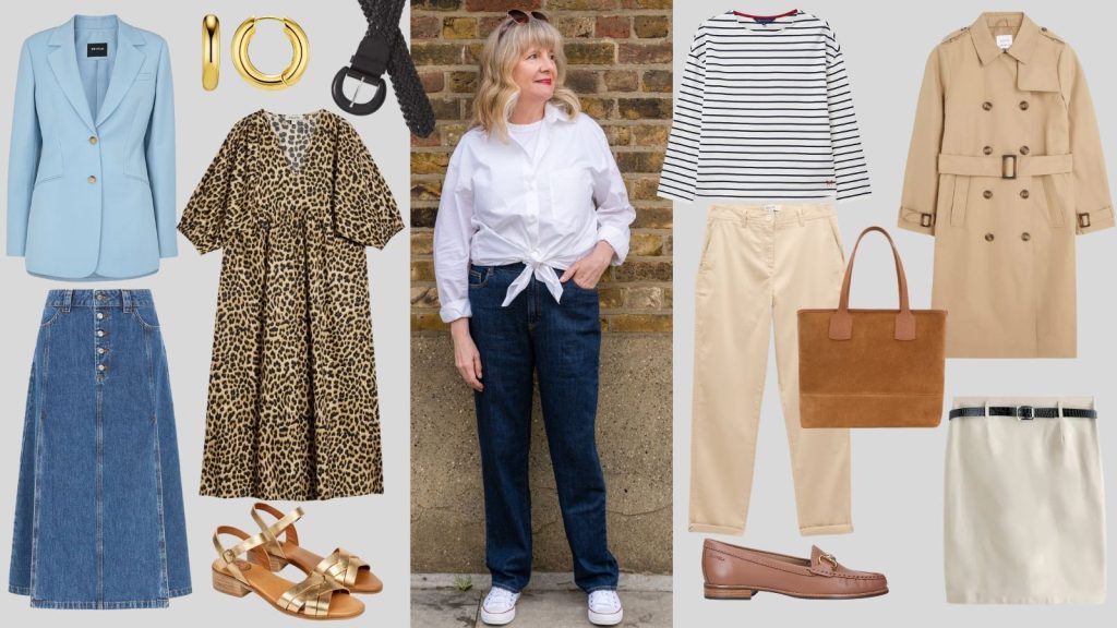 Elegant woman over 50 in soft lavender and grey capsule wardrobe ensemble