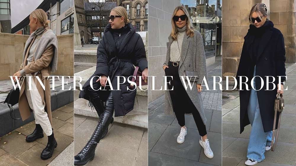 Winter capsule wardrobe pieces in neutral tones with a scarf and boots