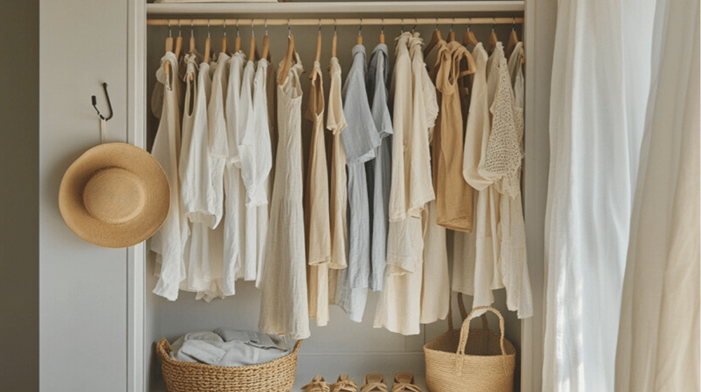 Finished capsule wardrobe for women over 50 hanging in a tidy closet