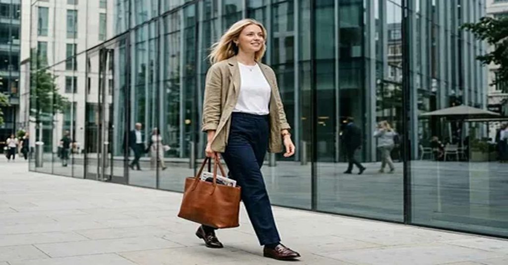 Navy trousers, grey blazer and knit laid out for a capsule wardrobe for a work environment