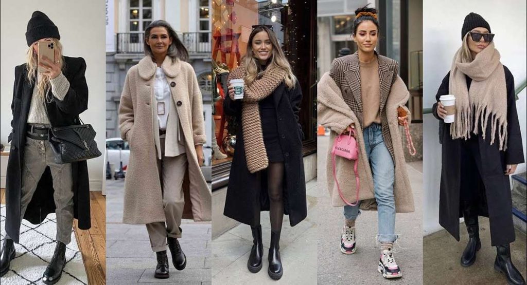 Woman wearing layered winter occasion wear with a sweater and tailored trousers