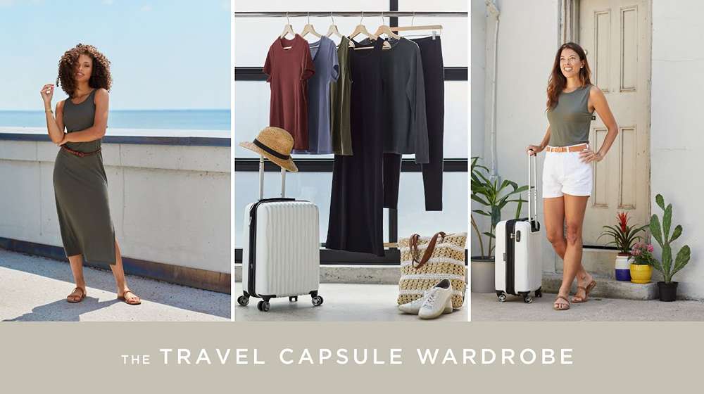 Traveler packing a compact capsule wardrobe in neutral tones